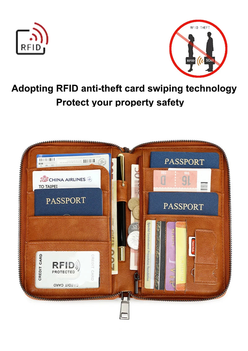 Multifunctional Travel Passport Wallet with RFID Protection in Microfiber Leather