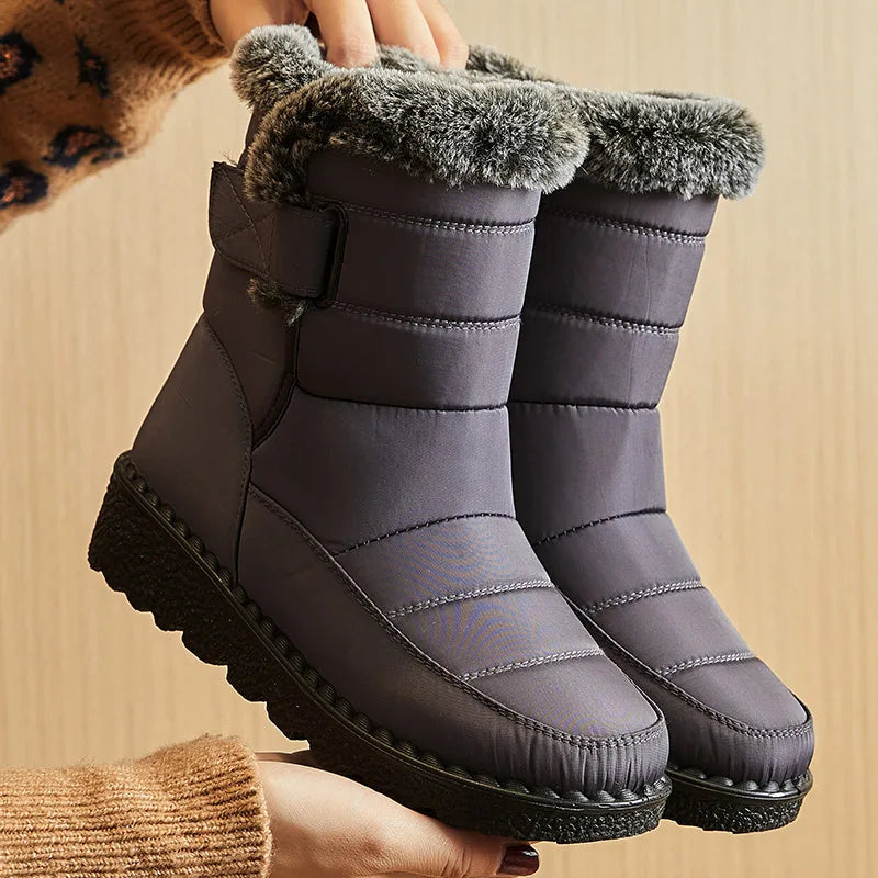 Women's Waterproof Ankle Snow Boots with Low Wedges Heel and Fur