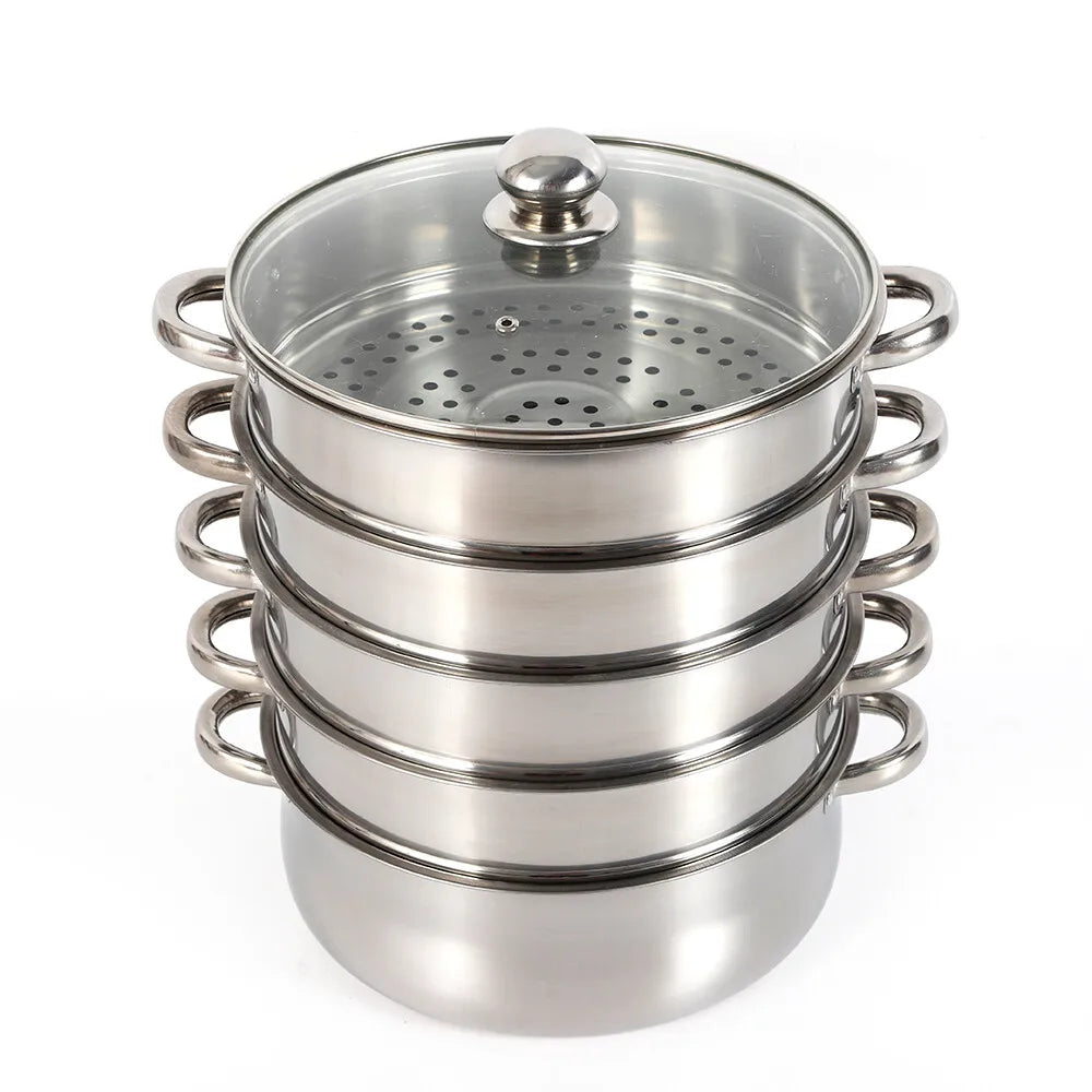 5 Tier Stainless Steel Steamer Pot Set 28cm Large Capacity Stackable Cookware With Glass Lid For Home Kitchen - Buy online at  Vibe In Cart.