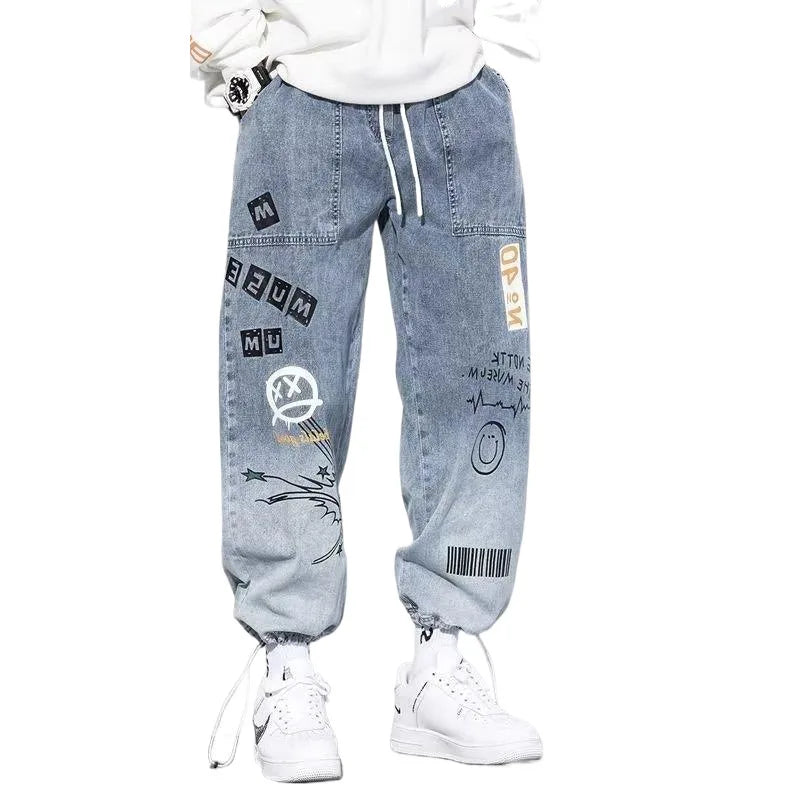 Korean Clothing  Men Letter Printed Jeans High Waisted Baggy Jeans Cartoon Graffiti Hip-Hop Pants Blue Jeans - Buy online at  Vibe In Cart.