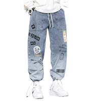 Korean Clothing  Men Letter Printed Jeans High Waisted Baggy Jeans Cartoon Graffiti Hip-Hop Pants Blue Jeans - Buy online at  Vibe In Cart.