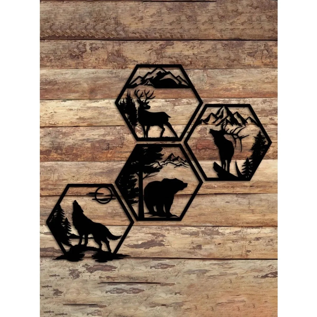 4PC Hexagon Animal (Deer/Wolf/Bear) Metal Wall Sculpture | Rustic Black Decor | Halloween & Christmas Gift - Buy online at  Vibe In Cart.