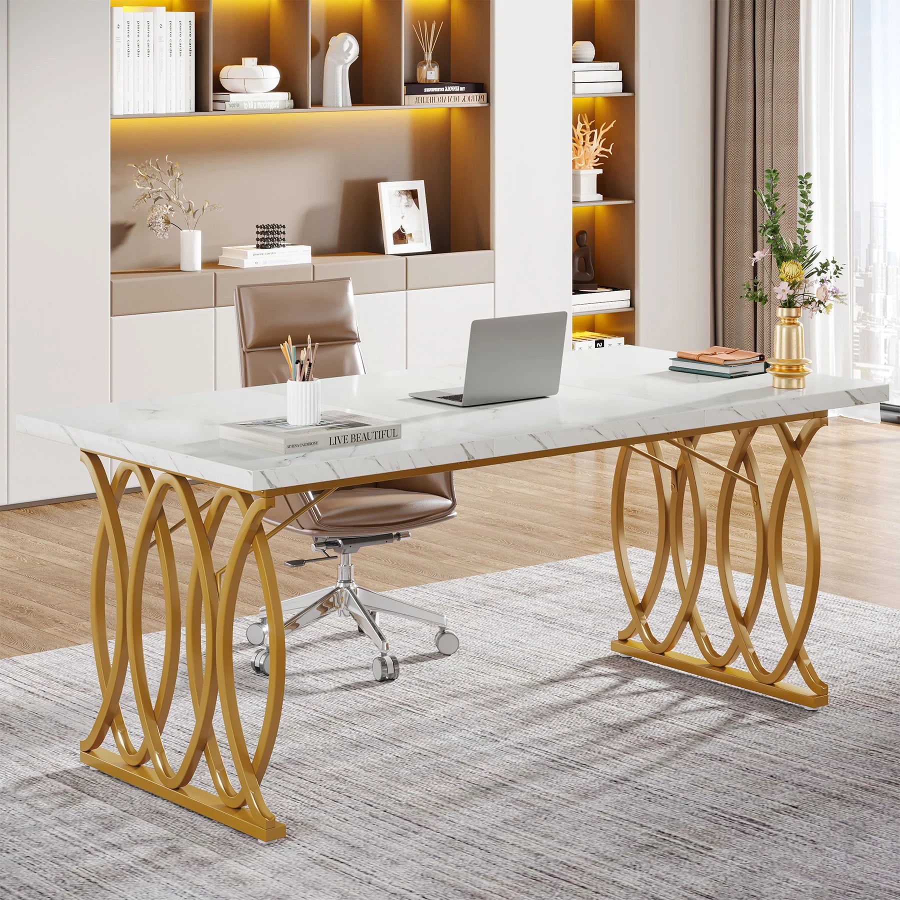 Modern Wooden Office Desk with Metal Legs, 70.9 Inches