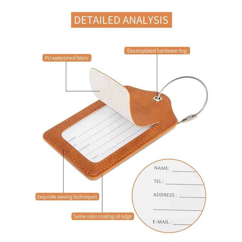 Leather Luggage Tag with Anti-Loss Wire Rope Loop and Built-In Privacy Cover
