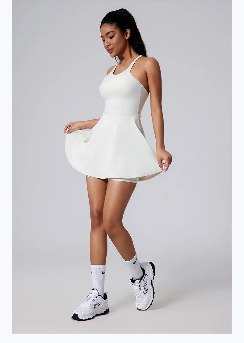 Women Beautiful Back Tennis Dress With Chest Cushion&Shorts Dreathable Outdoor Yoga Golf Skirt Workout Running Badminton Dress