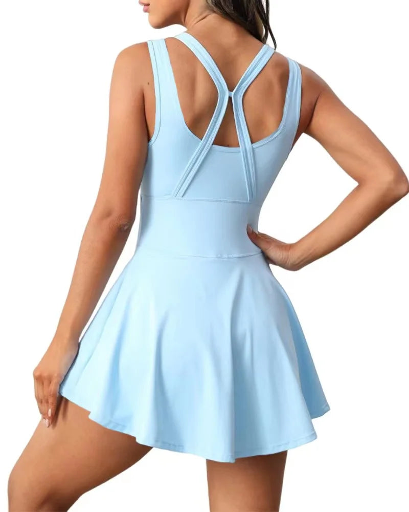 Women's Sleeveless Short Skort Dress with Padding, Nylon Spandex