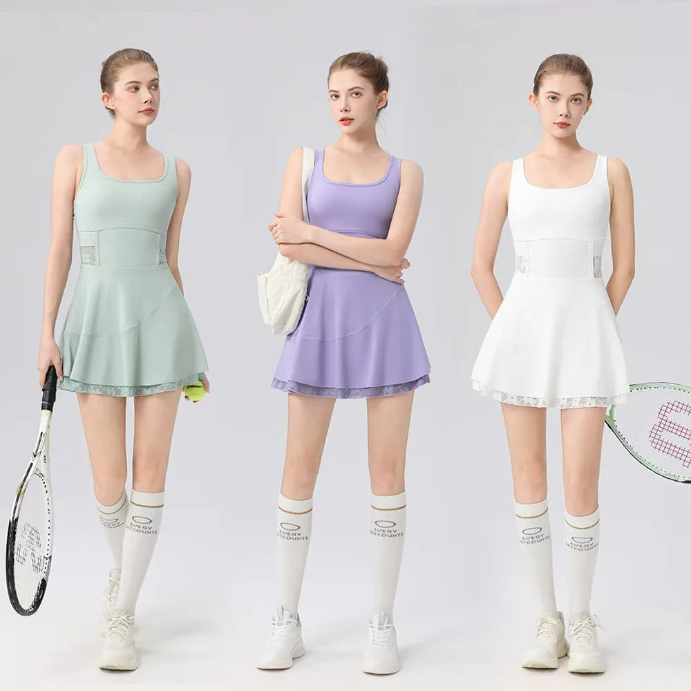 2026 New tennis dress ballet dress sexy back cross lace badminton anti-light lacework Separate shorts yoga golf sports dress