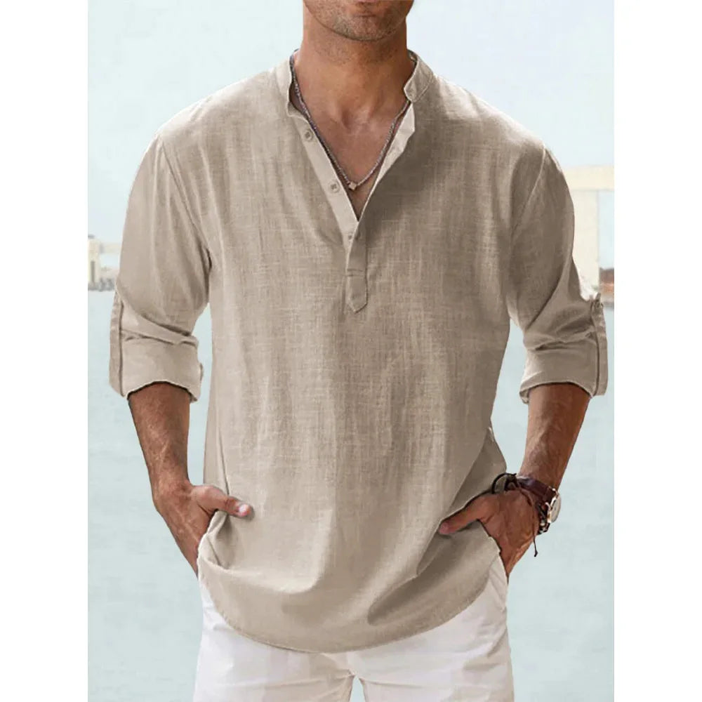 Cotton Linen Hot Sale Men's Short-Sleeved Shirts Summer Solid Color Henley Collar Casual Beach Style Hawaiian Vacation - Buy online at  Vibe In Cart.