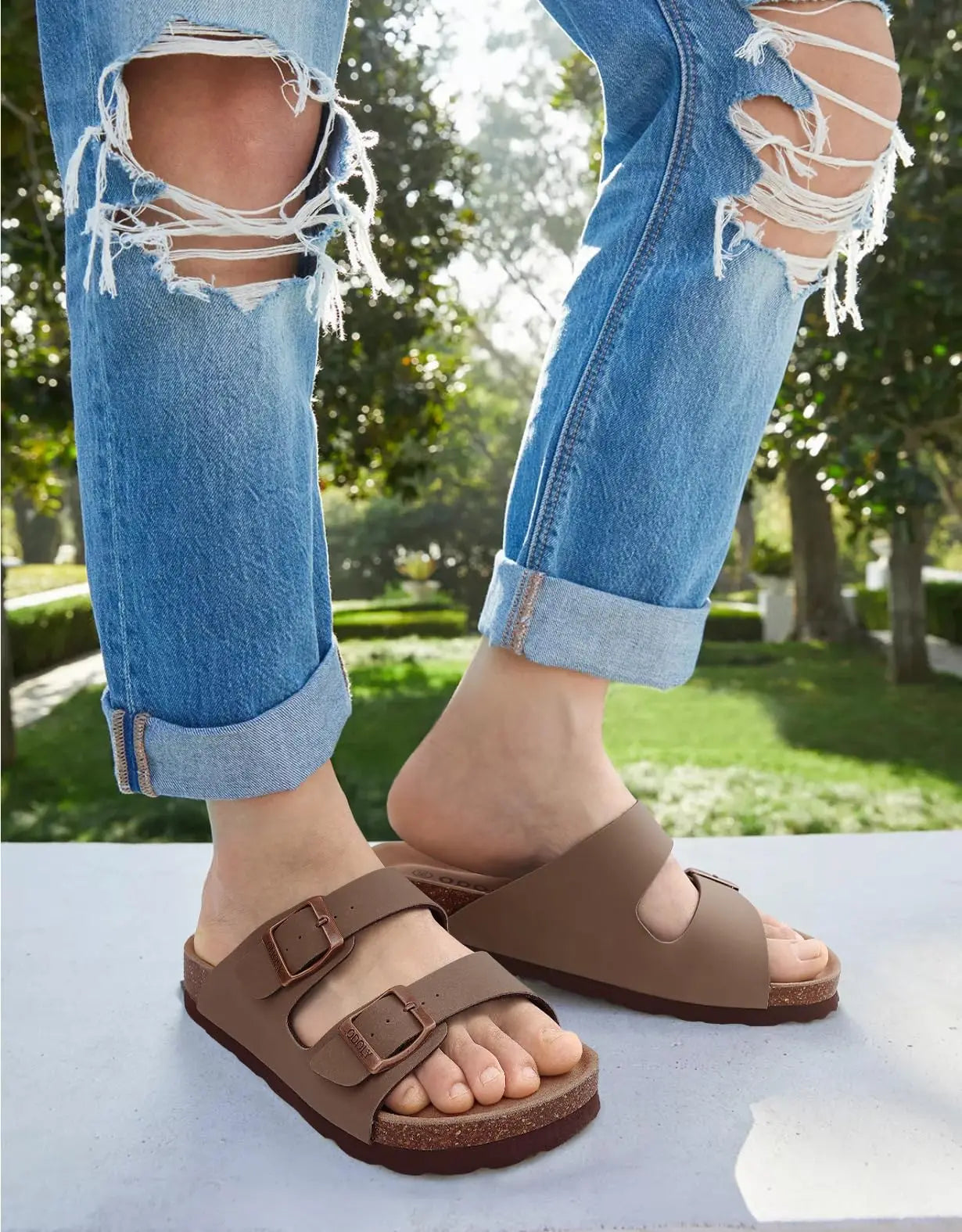 Comwarm Men's Cork Footbed Slides Sandals Arch Support Summer Outdoor Sandals with Adjustable Buckle Leisure Men Leather Slides - Buy online at  Vibe In Cart.