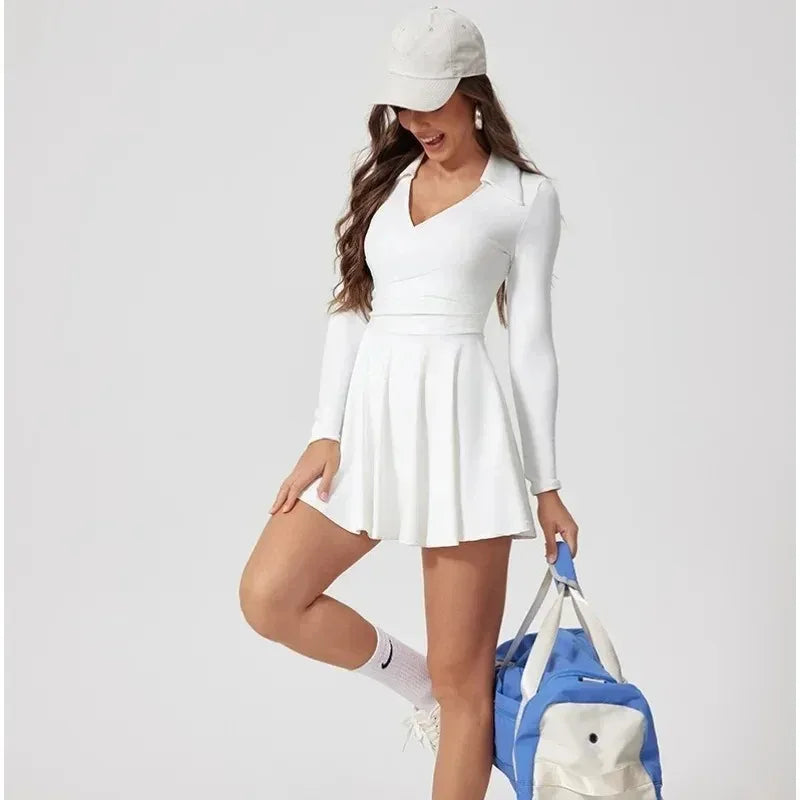 Tennis Dress One-Piece Jumpsuits Sports Fitness Golf Badminton Long-Sleeved Skorts Slim Tracksuits with Chest Pads Yoga Suits