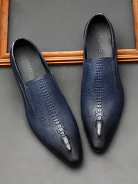 Men's Black And Blue Genuine Leather Oxford Shoes With Crocodile Pattern