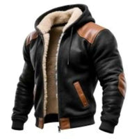 Men's Vintage Black Contrast Leather Warm Fleece Hooded Jacket - Buy online at  Vibe In Cart.