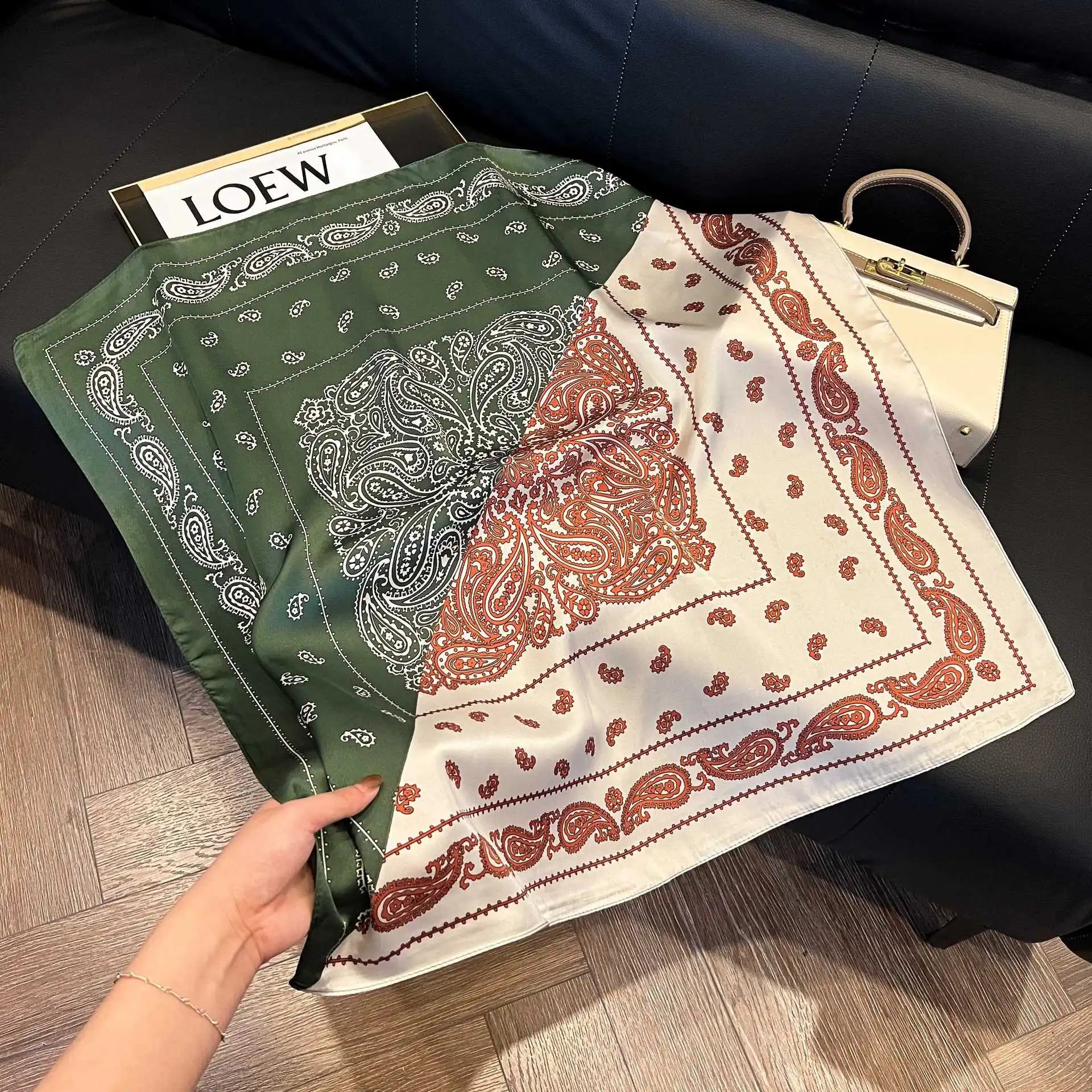 Printed Paisley Houndstooth Square Scarf for Women, Coffee Color, Polyester