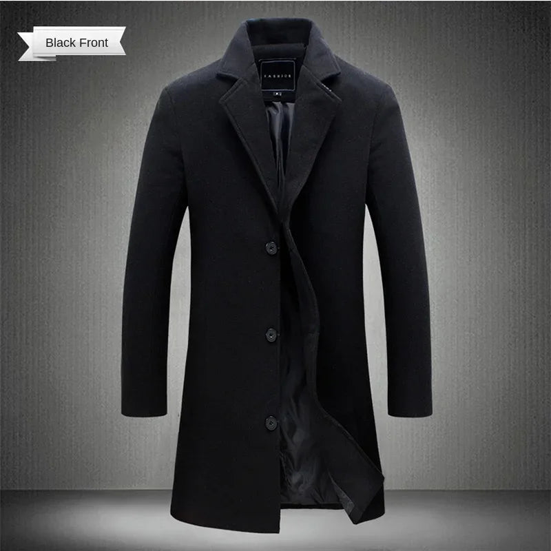 Men's Slim Long Wool Blend Cotton Single Breasted Coat for Autumn and Winter