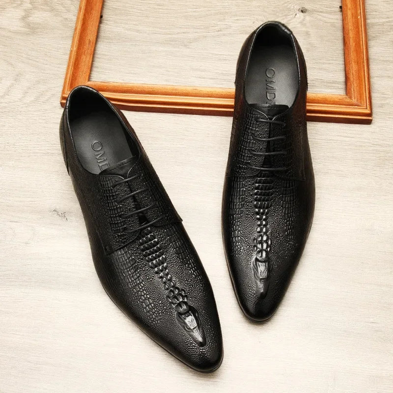 Men's Black And Blue Genuine Leather Oxford Shoes With Crocodile Pattern