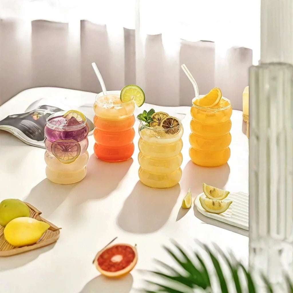 4pcs Creative Glass Cups Coffee Mug Clear Drinking Glasses Ribbed Glassware Cups With Straws Set Cocktail Fruit Glass Drinkware - Buy online at  Vibe In Cart.