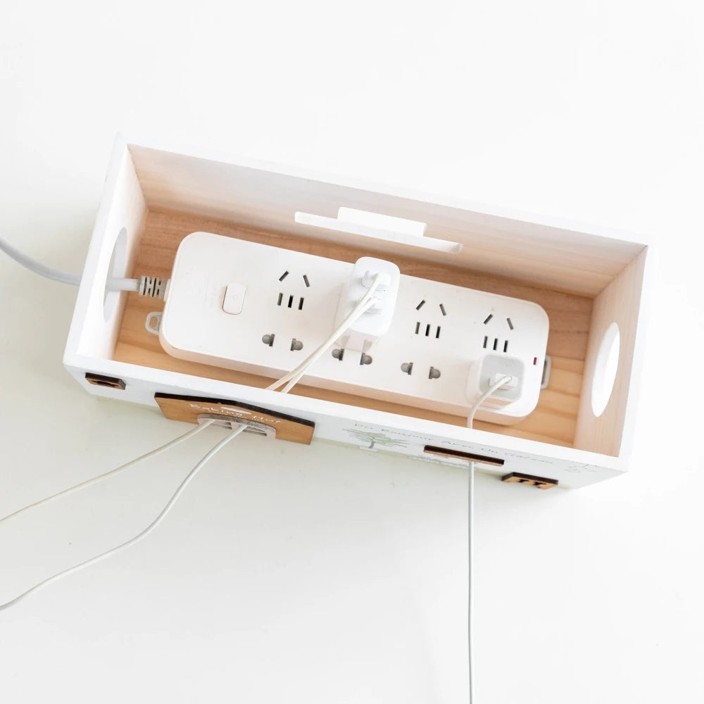 Wooden Rectangle Storage Box for Desktop Cord Organization