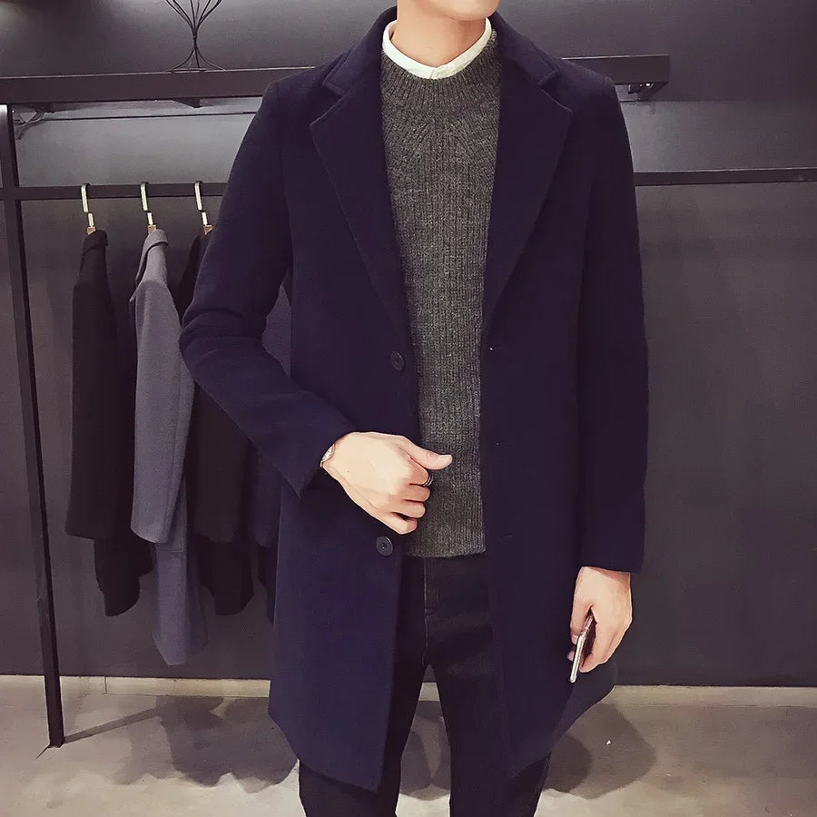 Men's Long Slim Cotton Wool Blend Coat for Autumn Winter