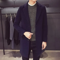 Men's Long Slim Cotton Wool Blend Coat for Autumn Winter