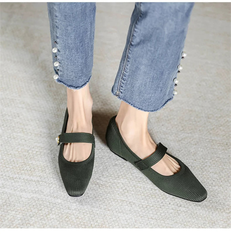 2024 Leisure Weaving Flats Women Ankle Strap Pearl Mary Stretch Fabric Ballerina Knitting Moccasins Mesh Solid Color Shoes - Buy online at  Vibe In Cart.