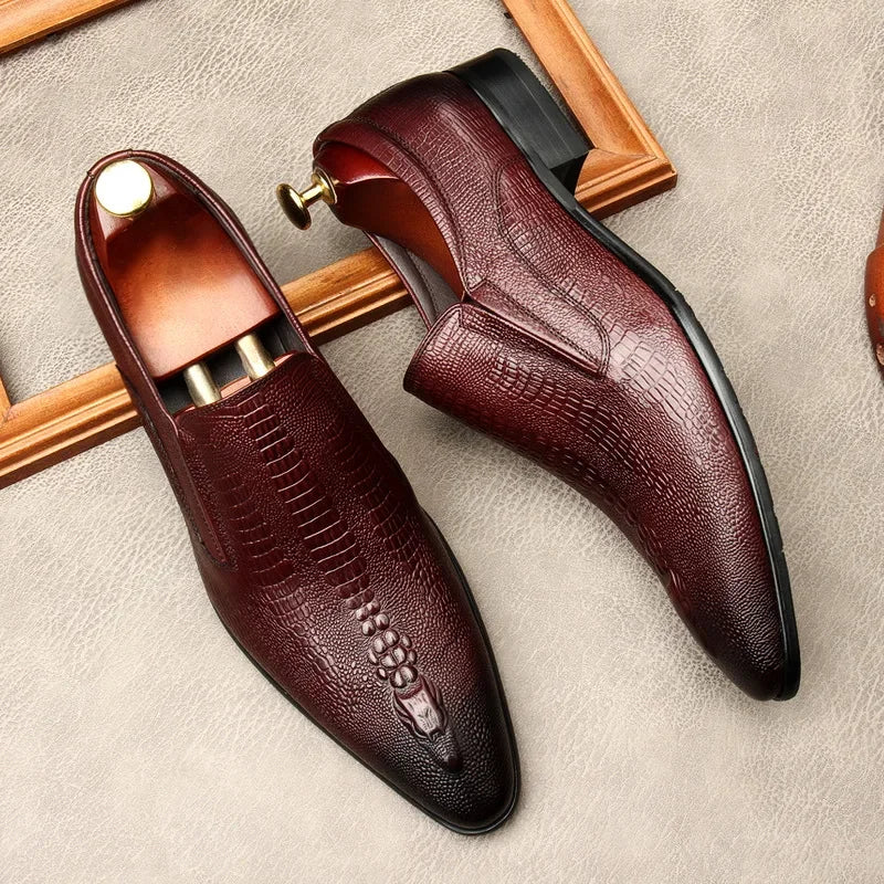 Men's Black And Blue Genuine Leather Oxford Shoes With Crocodile Pattern