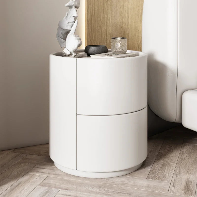 Modern Wooden Round Nightstand with 2 Drawers, 40x40x50cm