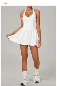 Hanging Neck Tennis Dress Women Solid Color Sleeveless Sports One Piece Pocket Suits Outdoor Running Fitness Yoga Golf Dresses