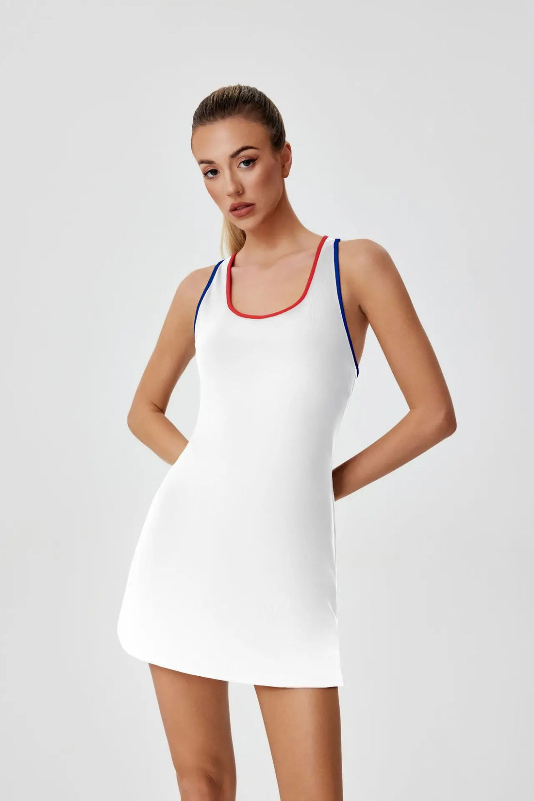 Women White Patchwork Tennis Dress Hollow Out Back Cross Round Neck Sleeveless Quick-drying Breathable Sport Shorts Golf Dresses