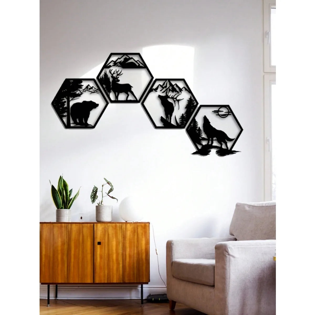 4PC Hexagon Animal (Deer/Wolf/Bear) Metal Wall Sculpture | Rustic Black Decor | Halloween & Christmas Gift - Buy online at  Vibe In Cart.