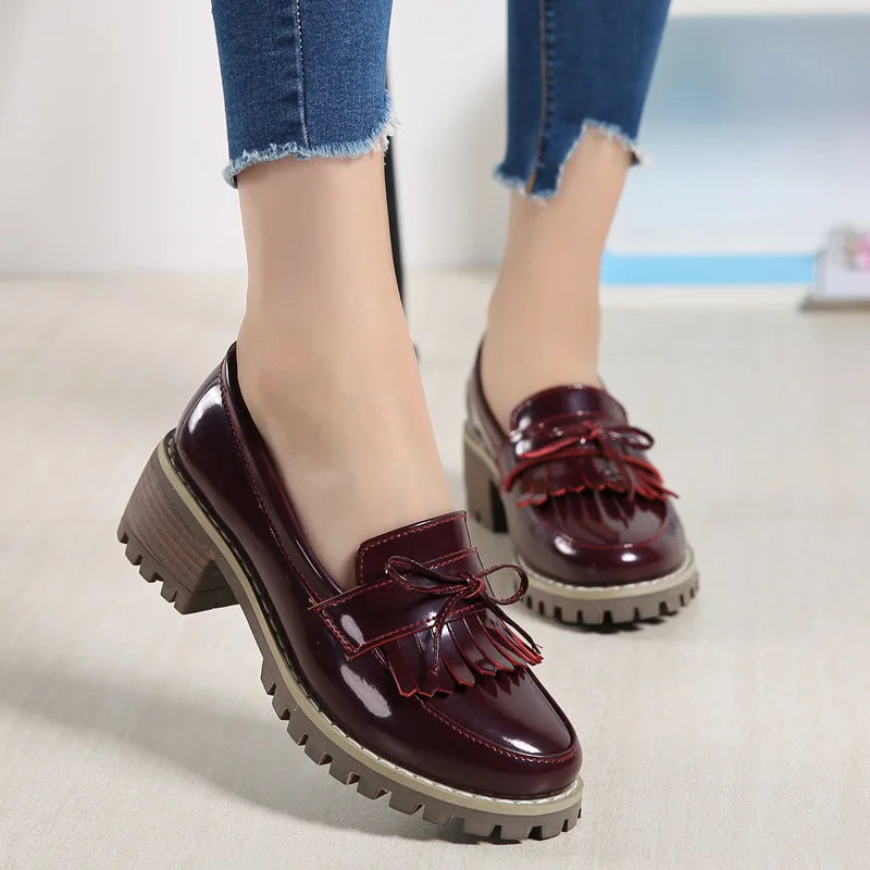 Women's Leather Loafers with Fringe Slip-On Brown Flats