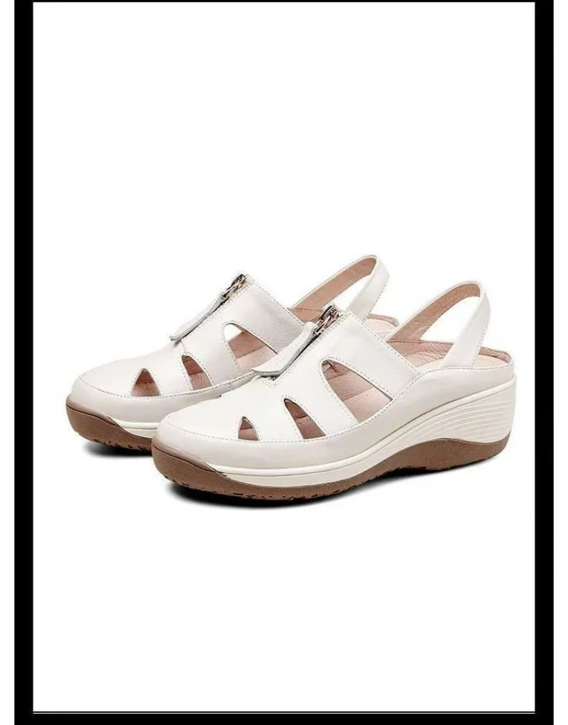 2025 New Genuine Leather Mom Sandals Women Peep-Toe Wedge Soft Sole Hollow-Out Breathable Slip-Resistant Casual Shoes - Buy online at  Vibe In Cart.