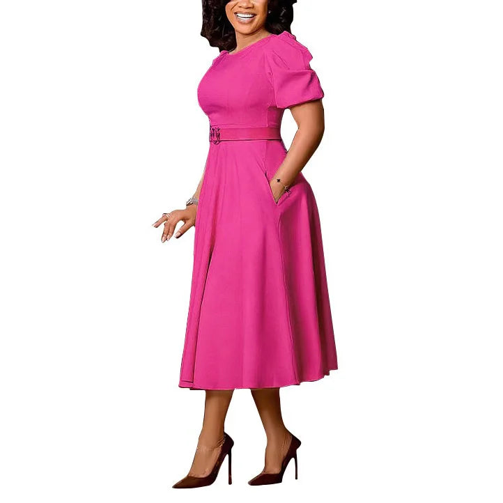 Women's Polyester O Neck Short Sleeve Belted Pleated Mid-Calf Dress