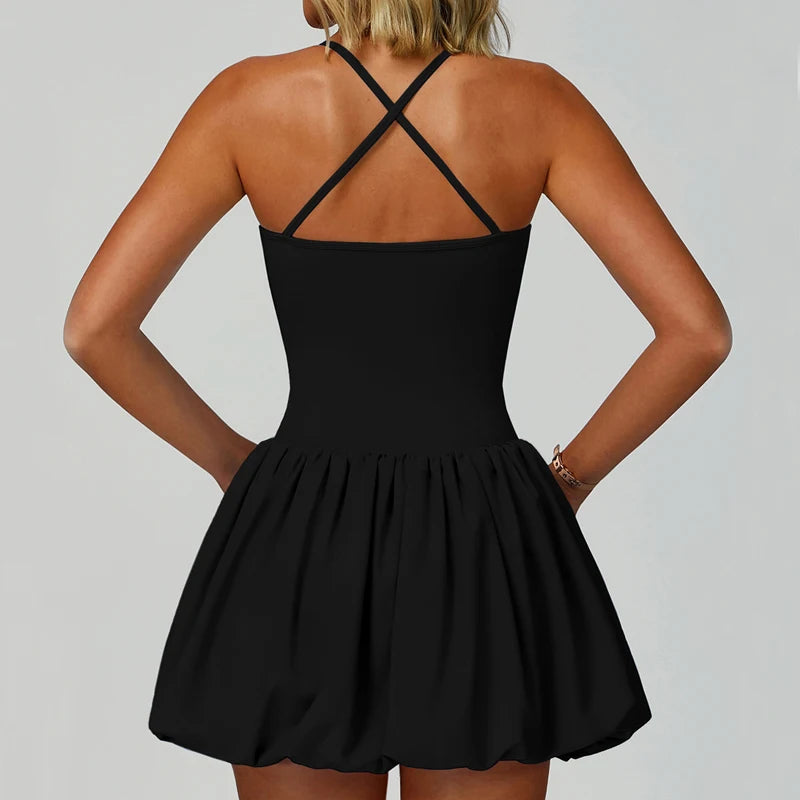 VITALINOVO Womens Spaghetti Strap Tennis Dress with Built-in Bra & Shorts Pockets V Neck Crisscross Athletic Golf Workout Dress