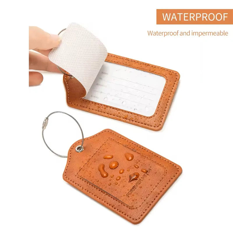 Leather Luggage Tag with Anti-Loss Wire Rope Loop and Built-In Privacy Cover
