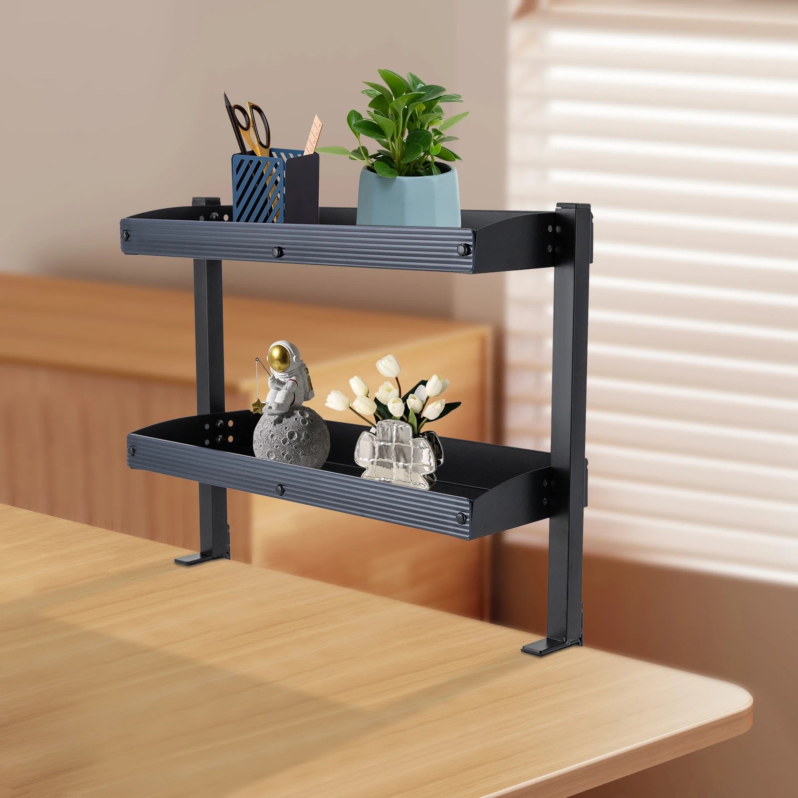 2-Tier Clamp-On Metal Desk Shelf, Black, 44x39x15 cm