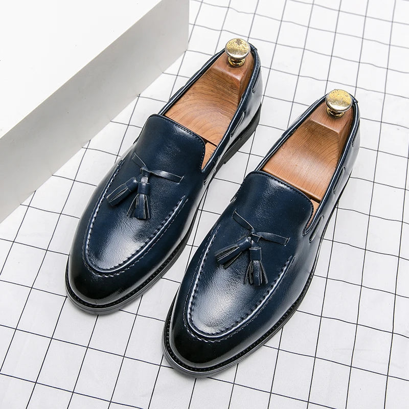 Men's Formal Leather Brogues Shoes with Tassels, Slip-On