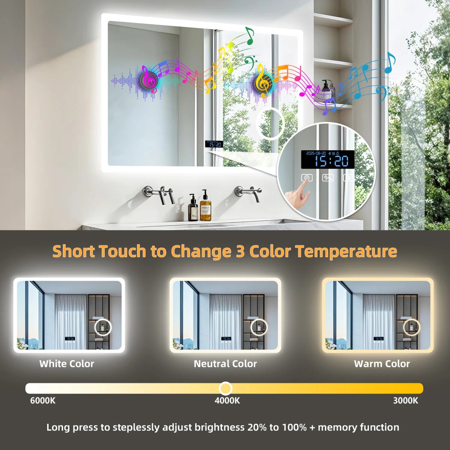 80/100/120/CM LED Bluetooth Bathroom Mirror Touch Antifog with 3X Magnifier Dimmable Date and Time Setting Vanity Mirror - Buy online at  Vibe In Cart.