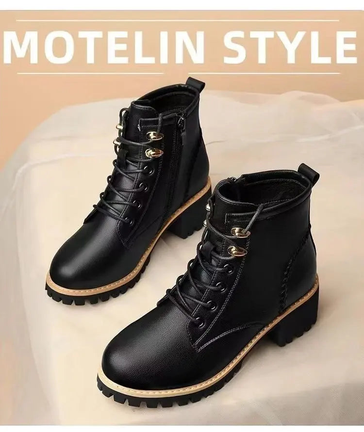 Women's Chunky Sole Ankle Boots     Lace-Up & Side-Zip Combat Boots Winter Fleece-Lined Booties Versatile Leather Boots Platfo - Buy online at  Vibe In Cart.