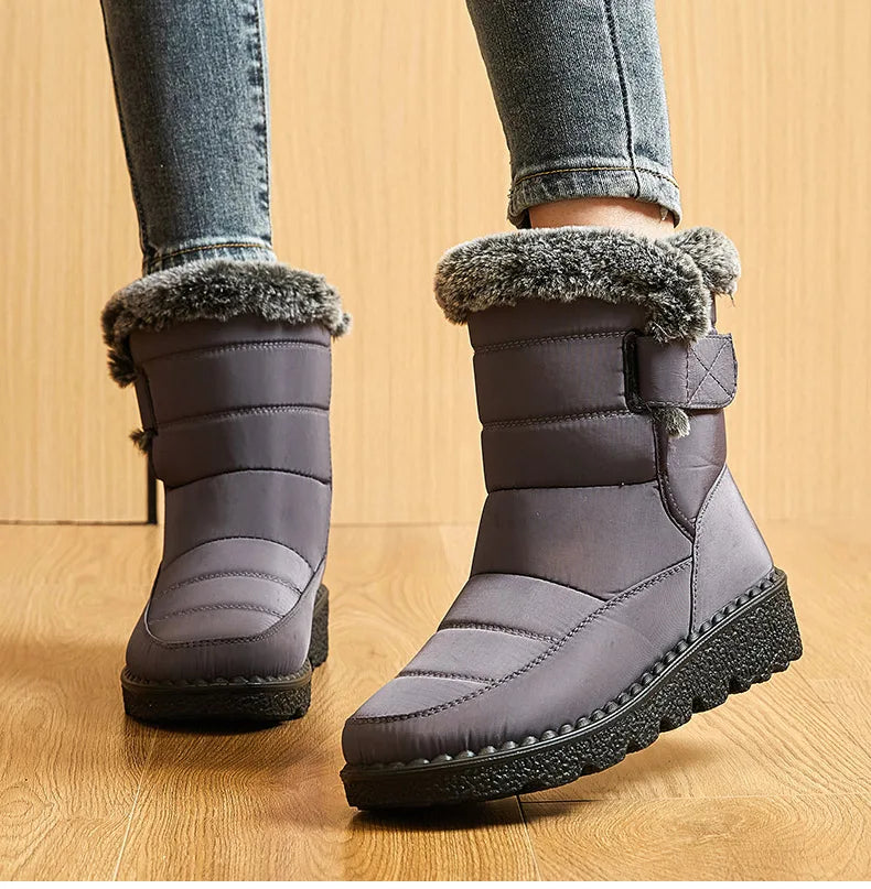Women's Waterproof Ankle Snow Boots with Low Wedges Heel and Fur