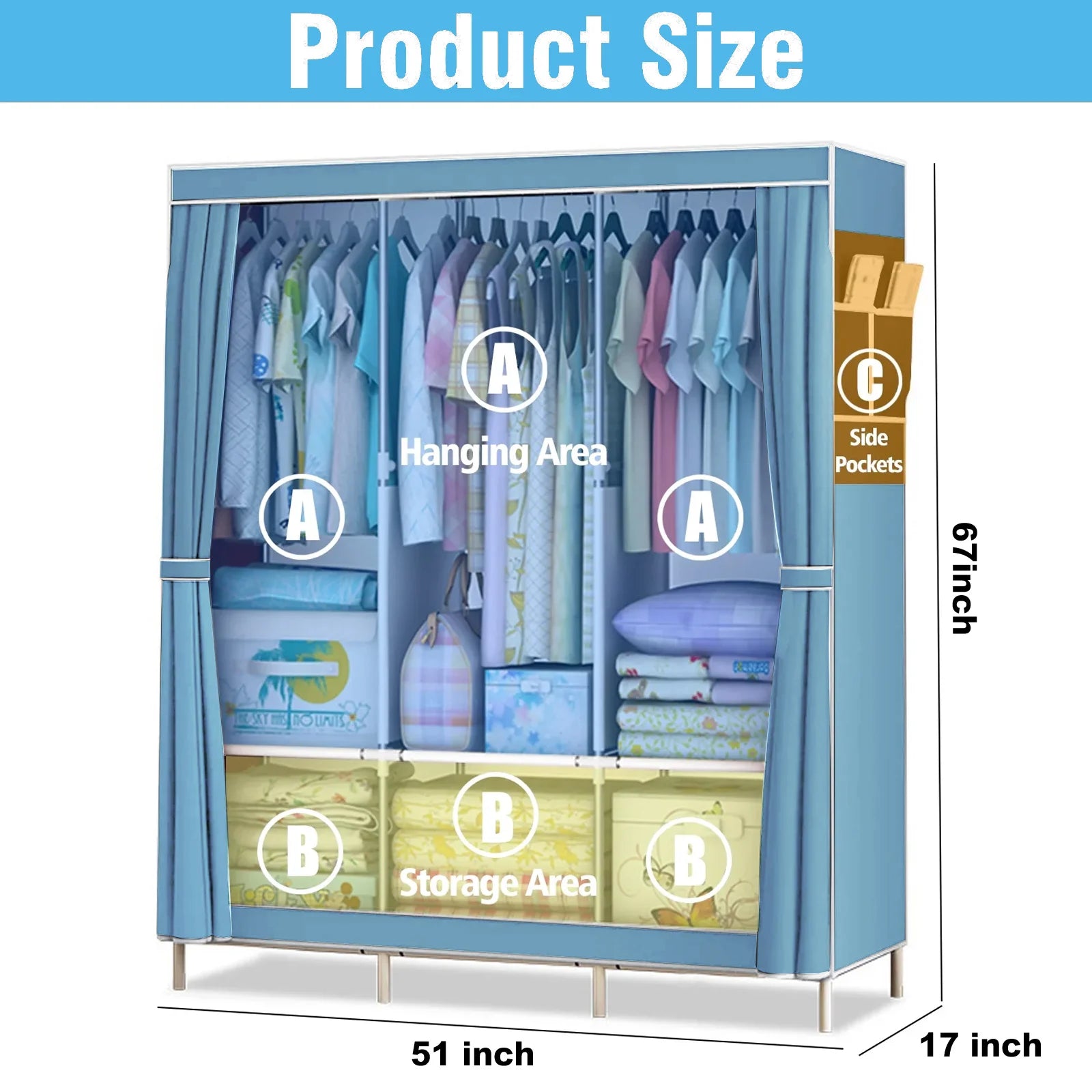 51-Inch Foldable Metal Dustproof Storage Wardrobe