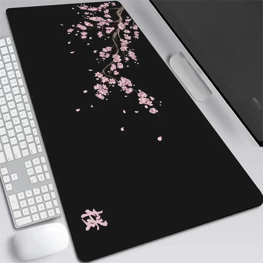 XXL Gray Rubber and Cloth Mouse Pad with Cherry Blossom Design