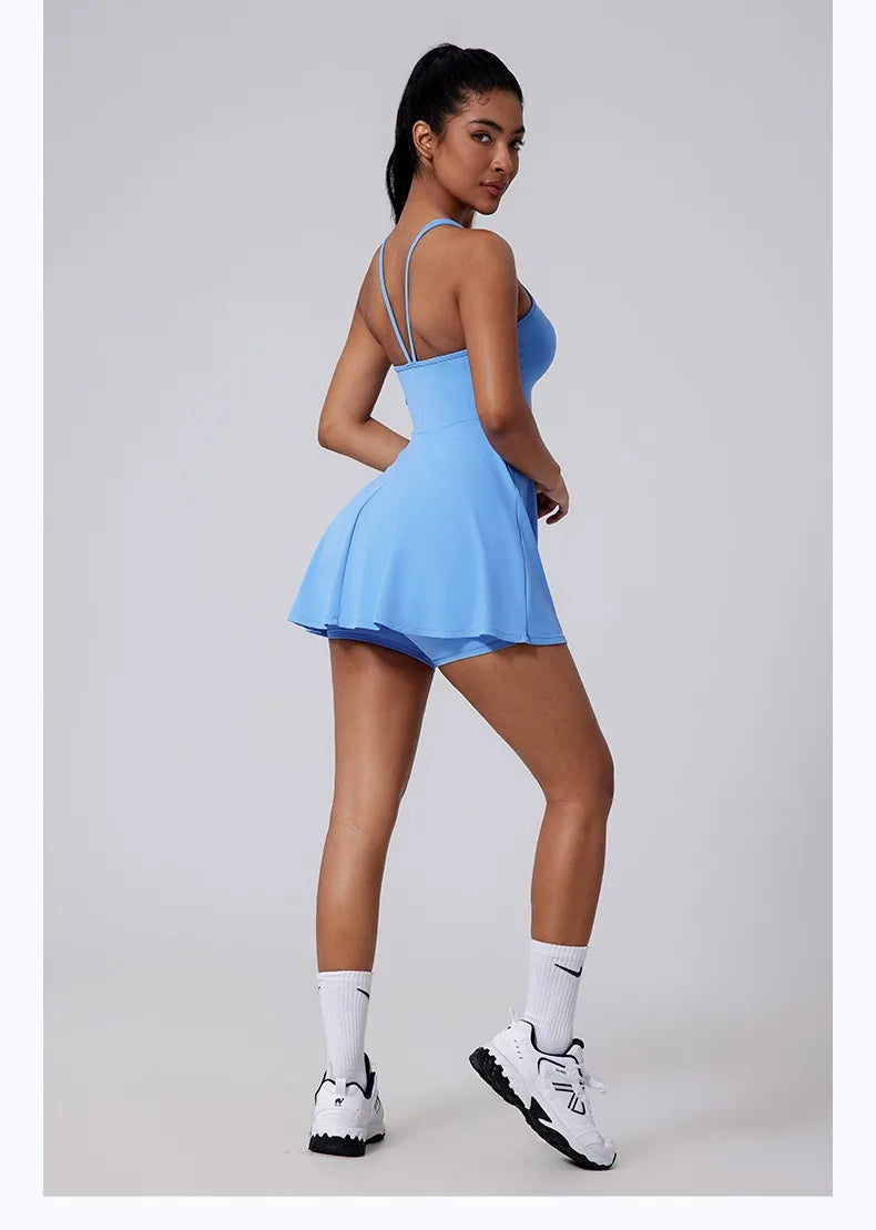 Women Beautiful Back Tennis Dress With Chest Cushion&Shorts Dreathable Outdoor Yoga Golf Skirt Workout Running Badminton Dress