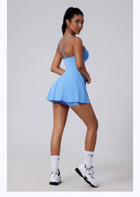 Women Beautiful Back Tennis Dress With Chest Cushion&Shorts Dreathable Outdoor Yoga Golf Skirt Workout Running Badminton Dress