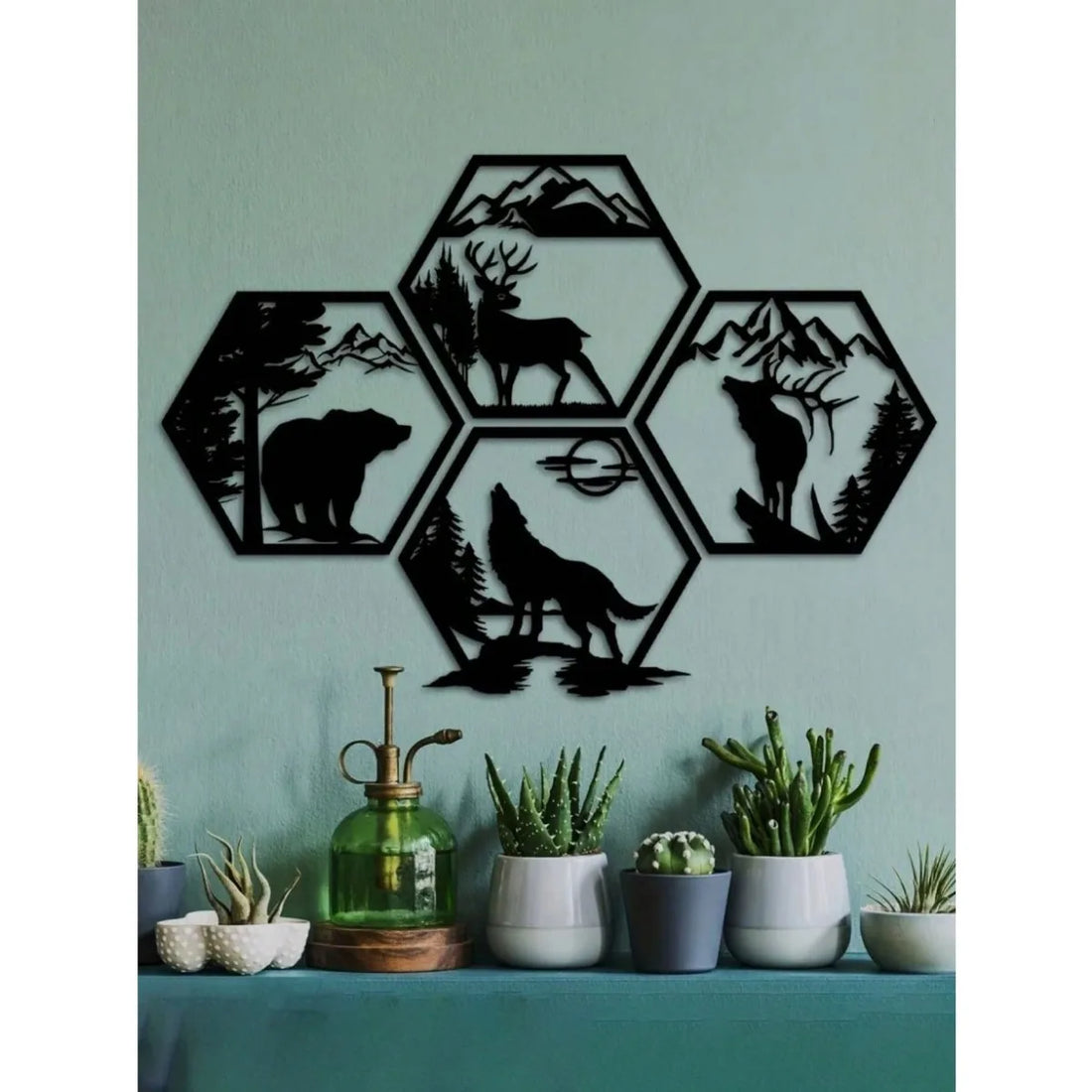 4PC Hexagon Animal (Deer/Wolf/Bear) Metal Wall Sculpture | Rustic Black Decor | Halloween & Christmas Gift - Buy online at  Vibe In Cart.