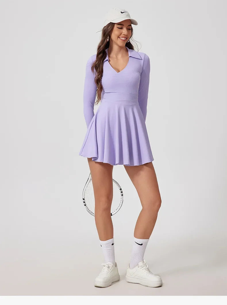 Tennis Dress One-Piece Jumpsuits Sports Fitness Golf Badminton Long-Sleeved Skorts Slim Tracksuits with Chest Pads Yoga Suits