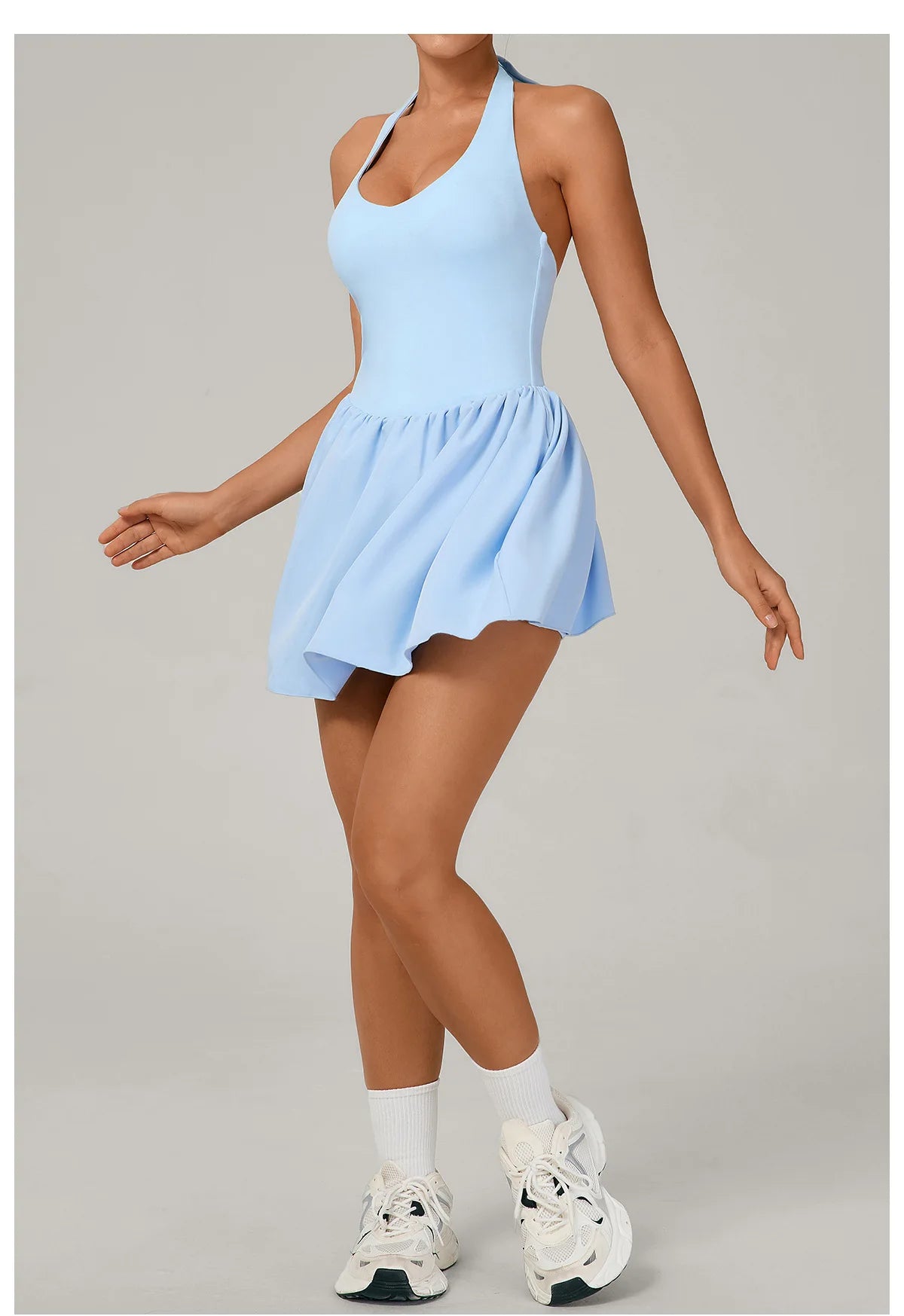 Hanging Neck Tennis Dress Women Solid Color Sleeveless Sports One Piece Pocket Suits Outdoor Running Fitness Yoga Golf Dresses