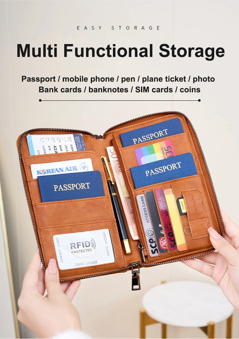 Multifunctional Travel Passport Wallet with RFID Protection in Microfiber Leather