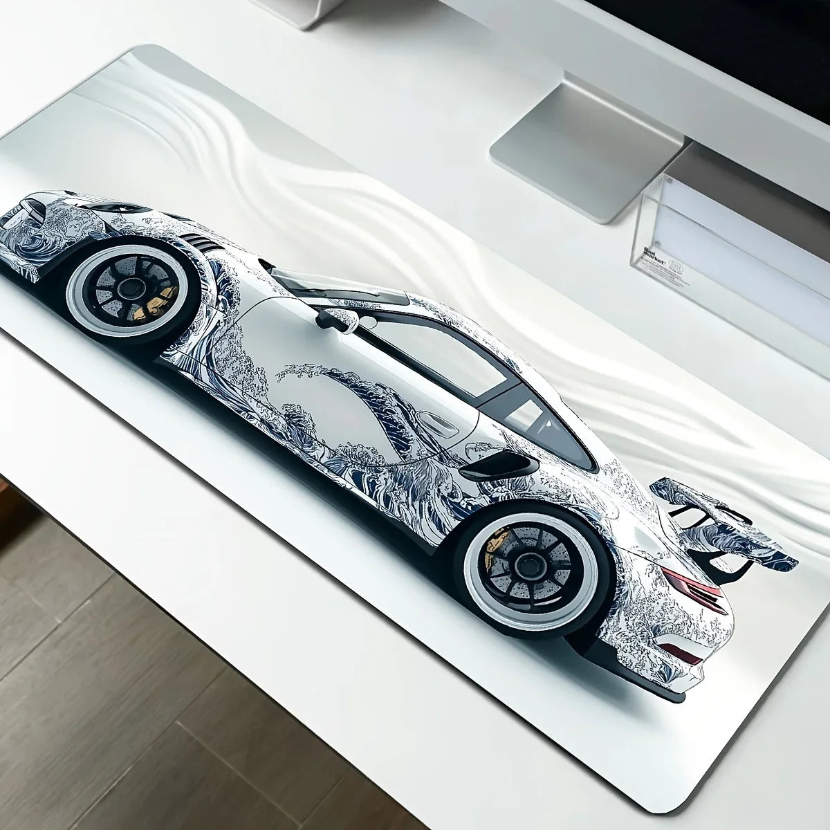 Large White Sports Car Design Gaming Mouse Pad with Anti-Slip Rubber Base