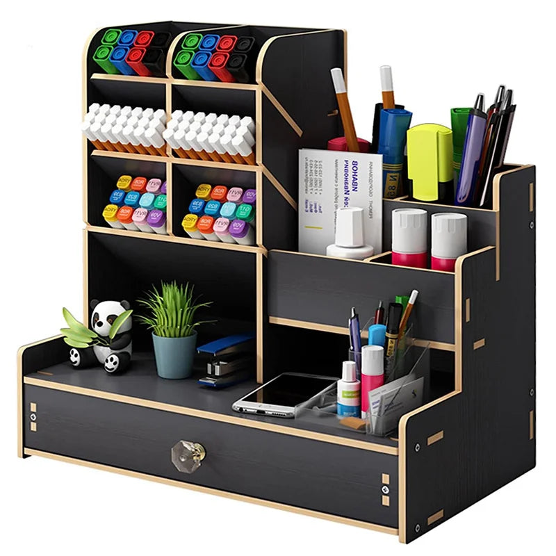 Wooden Pen Holder Desk Organizer With Storage Drawer