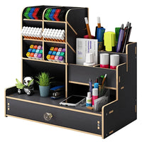 Wooden Pen Holder Desk Organizer With Storage Drawer